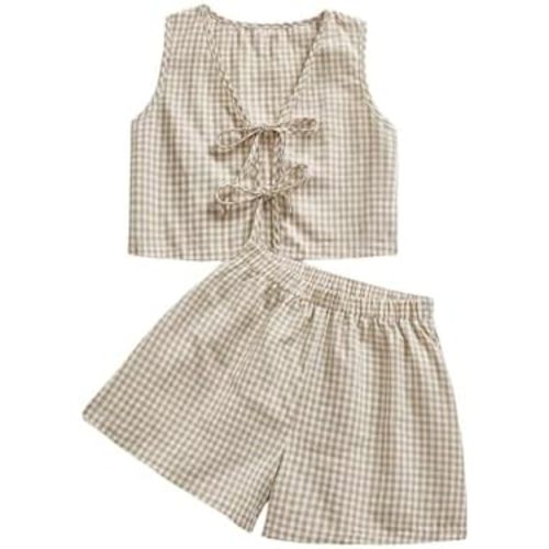 SOLY HUX Women's Summer 2 Piece Outfits Plaid Print Sleeveless Tie Front Tank Top Vest Shorts Beach Vacation Set