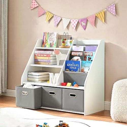Montessori Bookshelf Toy Storage Organizer for Kids & Toddlers – Front-Facing Display with Removable Fabric Bins, Keeps Playroom Tidy, Perfect for Preschoolers, Space-Saving 32"W x 16"D x 32"H