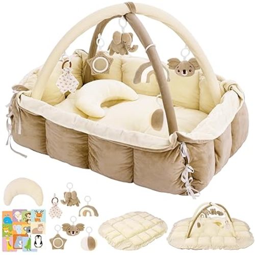 5-in-1 Baby Play Gym and Tummy Time Mat, Tummy Time Pillow & 12 Learning Cards, Plush Activity Mat with 6 Toys, Baby Gym, Convertible to Ball Pit, Cream