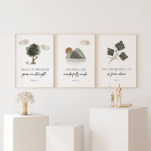 Christian Scripture Nursery Print Set, Forest Nature Art, 16"x20"