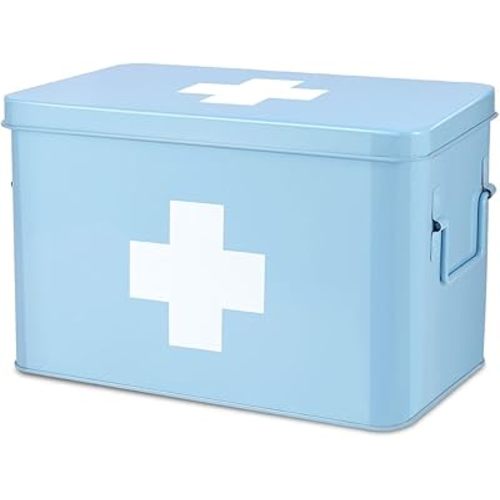 Flexzion First Aid Box Organizer Empty 13" Blue Vintage First Aid Kit Tin Metal Medical Box - First Aid Storage Box Container Bins with Dividers, Removable Tray and White Cross Logo