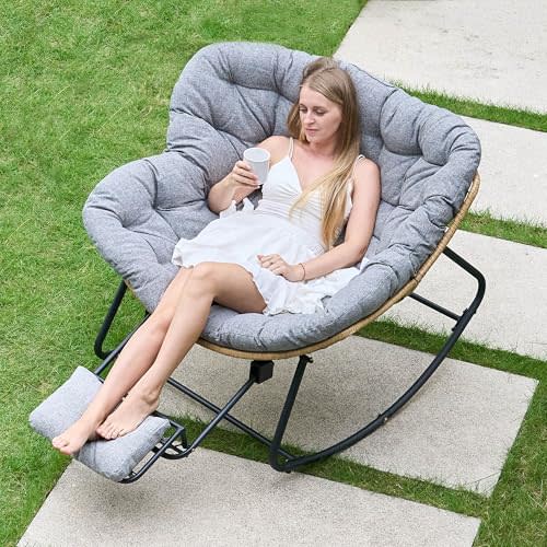 Oversized Rocking Chair with Zero-Gravity Foot Rest & Ottoman, Comfy Lounge Chair for Patio, Porch, Balcony, Indoor Reading Nook, Big Cozy Chaise Chair for Outdoor & Home Use, Grey