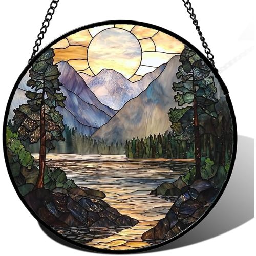 Stained Glass Window Hanging, Sunset Mountains Lake Tree Sun Catcher for Window Home Decor Landscape Suncatcher Mother's Day Birthday Gifts for Women Men Mom and Nana 7.8 in