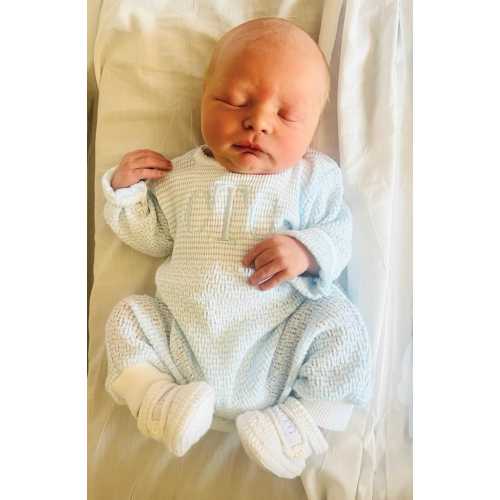 Paty Boys Blue Take Home Outfit, Baby Boy Personalized Pajama Sleeper, Coming home outfit, Baby shower gift idea, Knitted Baby Boy Outfit