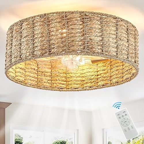 20" Fandelier Rattan Boho Ceiling Fans ，Rattan chandelier，Boho， Remote Control, 6 Speeds, Handwoven，also has 1 hour/2 hours/4 hours timer off function，for Bedroom, Living Room, Dining Room, Yoga Room