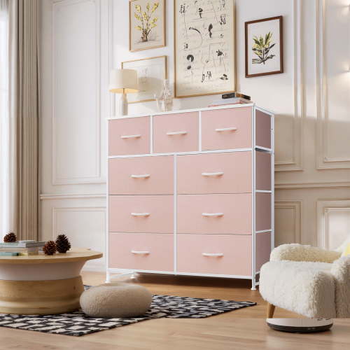Dresser, Betcozy Storage Organizer with 9 Drawers for Bedroom, Chest of Drawer with Fabric Bins, Sturdy Metal Frame, Wood Top for Closet, Nursery,Pink