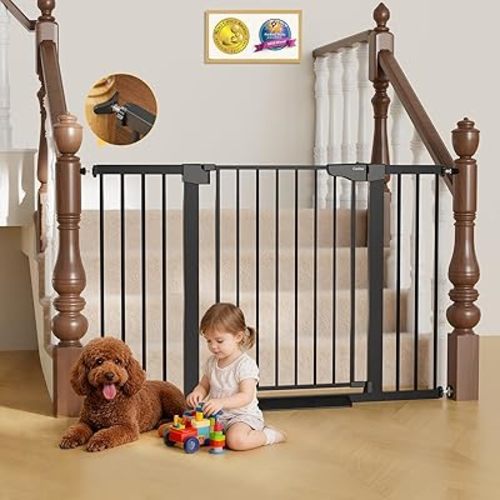 Cumbor 29.7–51.5" Extra Wide Baby Gate for Stairs, Pressure-Mounted Dog Gates for Doorways & Hallways, Auto-Close Walk-Through, No-Trip Design, Child Proof Safety, Dog/Pet Gate for Indoor Use, Black
