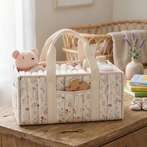 Floral Beige - Baby Shower Nappy Caddy Organiser, Portable Nursery Storage Basket, Newborn Essentials Gift