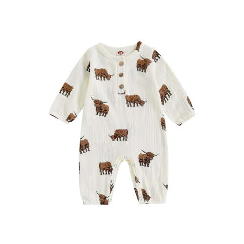 Baby Boys Fall Long Sleeve Jumpsuits, Bull Print Casual Autumn Newborn Infant Romper Clothes