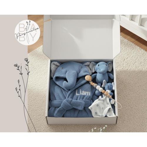 Personalized Baby Gift Set, Baby Shower Gift, Baby Boy Gift Box, New Mom Care Package, Custom Name Embroidered Elephant Baby Gift