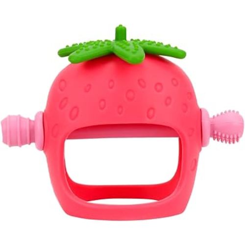 Strawberry Baby Teething Toy, Food Grade Silicone Teething Mitten, Anti Dropping Wrist Hand Teethers, Silicone Teethers Baby Chew Toys for Babies, Sucking Needs Over 3 Months, BPA Free
