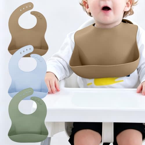 Set of 3 Silicone Bibs for Babies Toddler, Soft Adjustable Bibs for Baby Girl, Boy, BPA Free