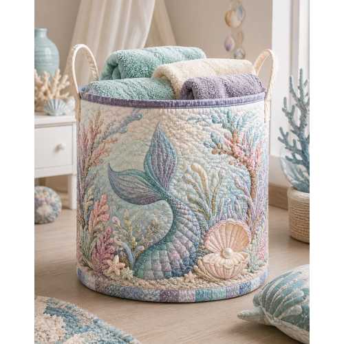 Quilted Mermaid Storage Basket for Girls, Under the Sea Nursery Toy Bin, Mermaid Tail Organizer, Coastal Baby Room Decor