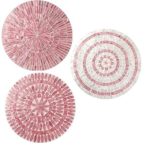 Tioncy 3 Pcs 11.8 Inches Modern Pink Mother of Pearl Shell Plate Preppy Coastal Pink Wall Art Mosaic Wall Sculpture Shell Handmade Hanging Plates Arts for Bedroom Bathroom Home Office Hotel