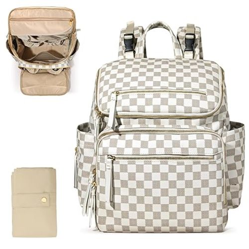 Omanmoli Checkered Diaper Bag Backpack Large Baby Diaper Bag Leather with 17 Diaper Bag Organizing Pouches,Changing Pad,Stroller Straps,4 Insulated Pockets,Beige&Honey