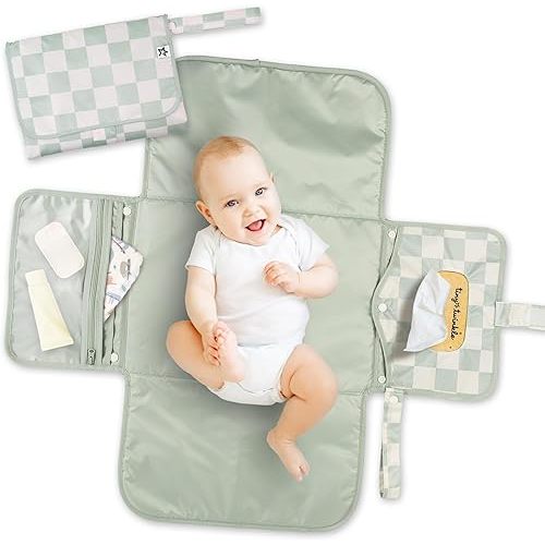 Tiny Twinkle Portable Diaper Changing Pad | Waterproof, Wipeable & Compact Baby Changing Pad for Travel | Smart Wipes Pocket & Organized Storage| Newborn Shower Gift (Sage Checkers)