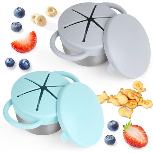 Daximo 2 Pack Snack Cups for Toddlers Spill Proof - Detachable Stainless Steel Toddler Snack Cups with Silicone Lids & Handles - Dishwasher Safe Baby Snack Containers (Light blue and Light grey)