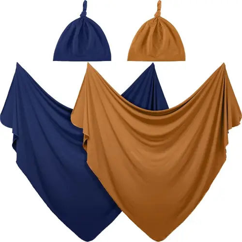 JaGely 2 Pack Baby Newborn Swaddle Blanket and Hat Set 47" x 47" Large Stretchy Receiving Blankets Set for Newborn Baby(Navy Blue, Claybank)