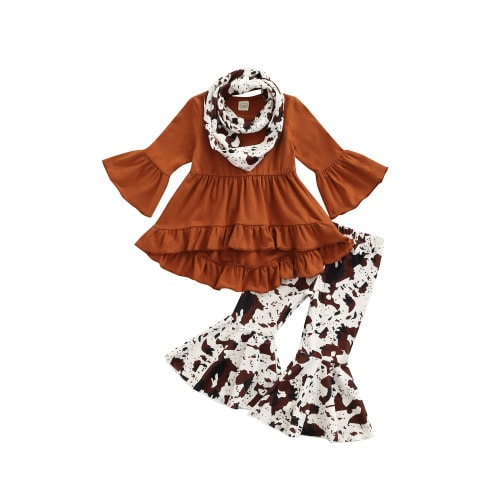 TheFound Toddler Baby Girls 3Pcs Outfits Ruffle Long Sleeve Dress Tops + Print Flared Pants + Scarf Fall Winter Clothes