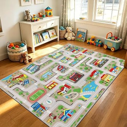 Capslpad Tan Car Road Kid Rug Carpet Playmat for Playoom Traffic Road Kids Play Mat for Toddler Non Slip Washable City Map Race Track Carpet Rug for Kids Room Bedroom Nursery Room Decor,6.6'x5'