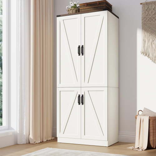 4 Door Armoire Wardrobe Closet for Bedroom with LED Sensor Light, 75"H Farmhouse Wood Clothing Storage Cabinet with Hanging Rod & Adjustable Shelf