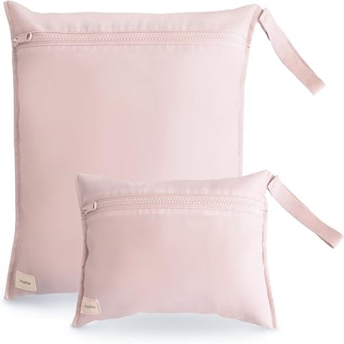 mushie Water Resistant Wet Bags | Large & Small Reusable Storage Bag for Baby Items and Travel | Zippered Pockets with Handle | Machine Washable, Set of 2 (Blush)