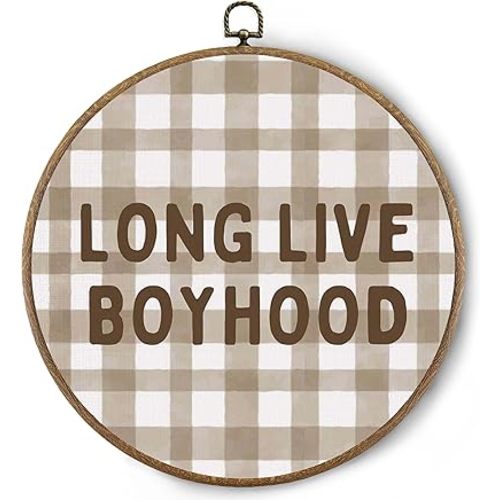 BitKAM Boy Nursery Round Wall Art Decor, Long Live Boyhood Canvas Prints Framed, Retro Sage Green Gingham Wall Hanging Decorations for Kids Boys Nursery Bedroom Playroom, 10x10 Inch Wall Home Décor Products