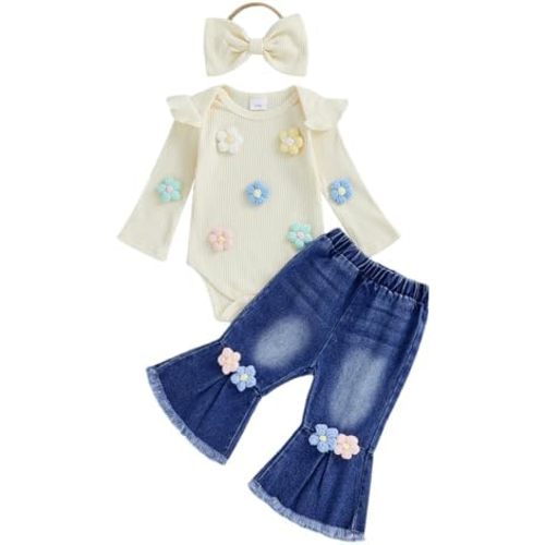 fhutpw Newborn Baby Girl Outfits Rib Knit Romper Jeans Flare Pants Headband Infant Fall Winter Clothes 0 3 6 9 12 18 Months