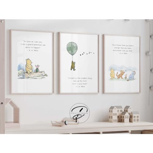 Classic Winnie-the-Pooh set of 3 prints. Gender Neutral Nursery, Winnie-the-Pooh inspirational quotes, new baby gift, Sage green nursery