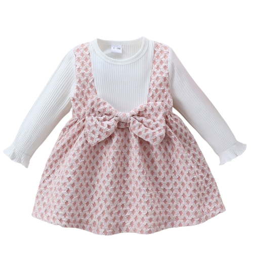 Odeerbi Infant Girls Spring Fall Bow Rib Knit Dress Patchwork Long Sleeve Knee Length Dress Children's Winter Cute Dress Infant Clothes Pink