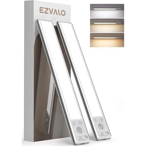 EZVALO Under Cabinet Lighting, 2400mAh Rechargeable Motion Sensor Light Indoor, 3 Color Temps, 5-Level Dimmable Magnetic Wireless Closet Lights for Kitchen, Pantry, Stairs (2 Pack)