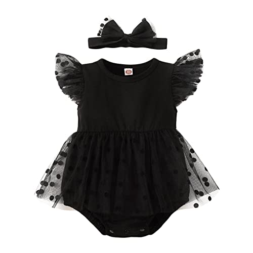 Yeselect Baby Girl Dress My Little Black Romper Dress Short Sleeve Mesh Stitching Bowknot Princess Gown Romper Tutu Dress