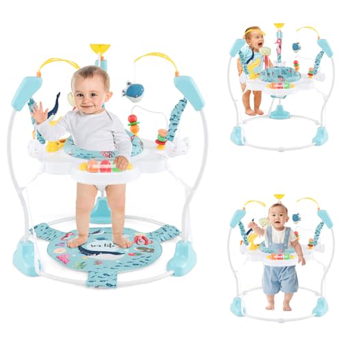 HONEY JOY Baby Bouncer Activity Center, Infant Jumper and Table w/ 360° Rotary Seat, 3 Adjustable Heights, Mat, Music, Lights, Sounds & Developmental Toys, Activity Center for Babies (Light Blue)