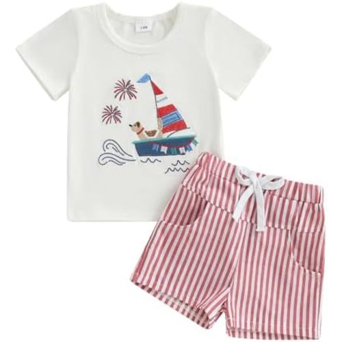 Toddler Baby Boy Summer Outfits Short Sleeve Embroidered T Shirt Tees + Striped/Plaid Shorts Infant Clothes Set