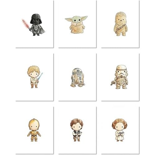 Star Wars Space Nursery Decor, Galactic Wall Art Watercolor Prints, Set of 9 Sci-Fi Kids Room Posters, Star Wars Nursery Bedroom Decorations Unframed (8x10")