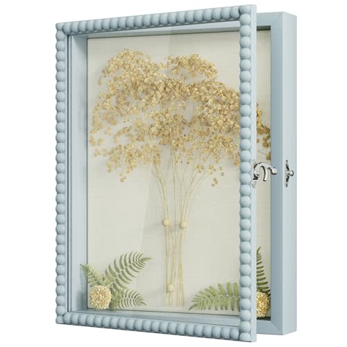 Love-KANKEI Shadow Box Frame 11x14, Deep Large Shadow Box Display Case with Unique Beads Door and Glass Window, Wood Memory Box Gift for Pictures,Medals,Memorabilia,Collections Blue