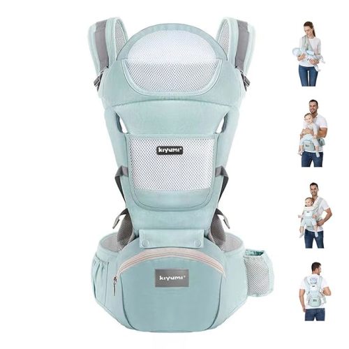 KIYUMI Baby Carrier with Hip Seat, 6- in-1 Baby Carrier Newborn to Toddler, Ergonomic M Position, Head Support and Breathable Mesh,Adjustable Removable Baby Sling Carrier (7-45 lbs), Grey