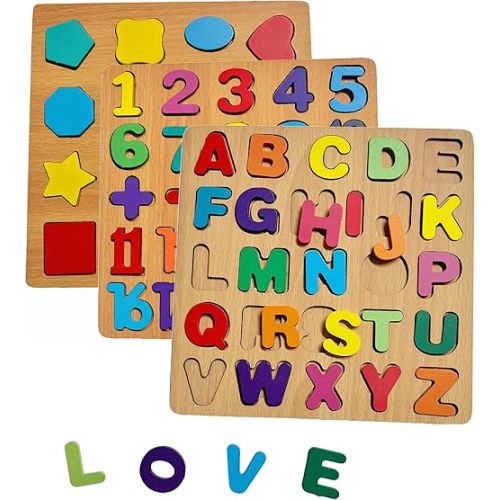 2PCS Wooden Alphabet Number Shape Puzzles for Toddlers, Educational Learning Puzzles Game (Number & Shape)