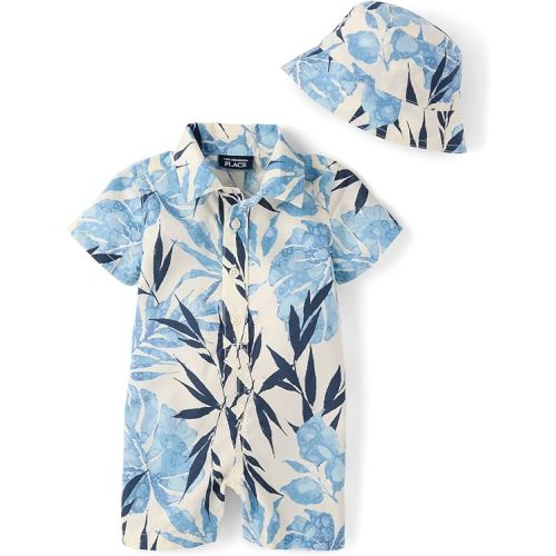 The Children's Place Baby Boys' And Newborn Woven Plaid Romper and Hat 2-piece Set