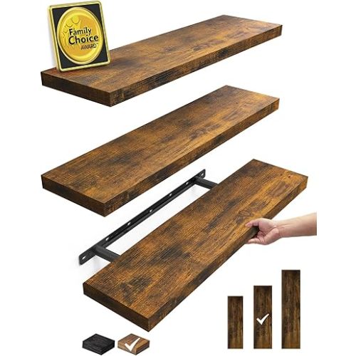 BAYKA Floating Shelves for Wall, 22.5 inches Wall Mounted Rustic Wood Shelves for Bathroom, Bedroom, Living Room, Floating Shelves for Books/Storage/Decor(Rustic Brown,Set of 3)