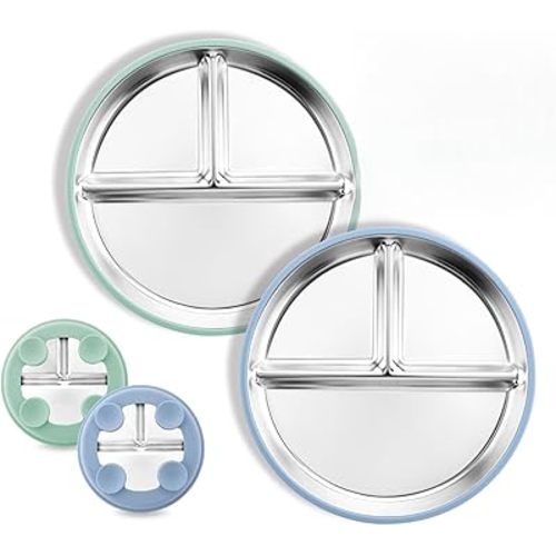 8” Stainless Steel Toddler Plate with Suction, Divided Plates with Removable Silicone Sleeves for Kids, Non Toxic & BPA Free | Non Slip | Unbreakable Baby Snack Dishes Set of 2, Blue & Sage