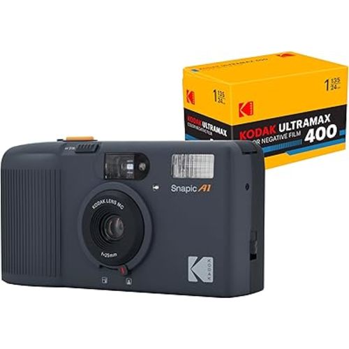 KODAK Snapic A1 35mm Film Camera 35mm, Reusable, 2-Zone Focus, Lightweight, Compact (Rhino Grey) Bundle with Kodak Ultramax 400/24EXP 35mm Roll Film
