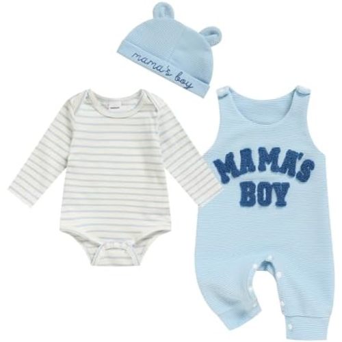 Viworld Newborn Baby Boy Clothes Mama's Boy Overalls Striped Long Sleeve Romper Hat 3Pcs Fall Winter Outfits
