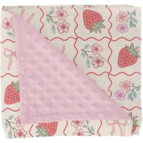 Boho Strawberry Flowers Baby Blankets for Girl Strawberries Pink Bows Checkerboard Soft Mink Dotted Backing Double Layer Swaddle Receiving Blanket Summer Fruit Bed Throws for Newborn Toddler 30x40