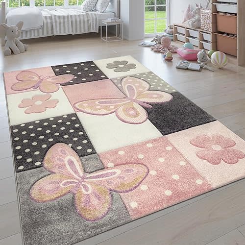 Kids Room Rug Pastel Colors Butterflies Check Pattern Spots Flowers Colourful, Size:2'8" x 4'11"