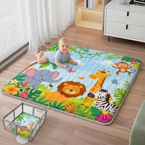 Baby Play Mat, 50x50 Thickened Playpen Mat, Waterproof & Non-Slip, Foldable Play Mat for Floor, Machine Washable Crawling Mats for Infants & Toddlers, Floor Activity and Playing & Learning, Savanna