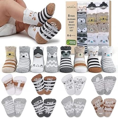 Organic Cotton Baby Socks with Gripper 0-6 | Safe Walking Non-Slip Sole | Stay-In-Place Ribbed Cuffs Unisex (US, Age, 0 Months, 6 Months, Grey & Brown - 8 Pairs)