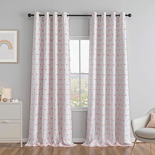 MEETSKY 100% Blackout Curtains for Girls Bedroom 95 Inch Long with Pink Pom Pom Sheer Total Room Darkening Nursery Curtains for Kids Room 2 Panels Grommet Double Layer Window Drapes 52W x 95L