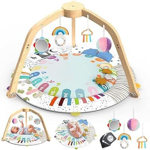 Omzer Wooden Baby Play Gym: Baby Activity Mat with 5 Developmental Zones - Baby Gyms & Playmats with 4 Hanging Sensory Toys - Baby Play Mat for Baby Essentials & Motor Skills