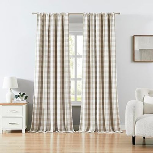 84 Inches Beige White Buffalo Plaid Panels,Thermal Insulated Full Blackout Double-Layer Window Treatment,Farmhouse Living Room Nursery Curtains,Rod Pocket Back Tabs,52" Wx84 Lx2